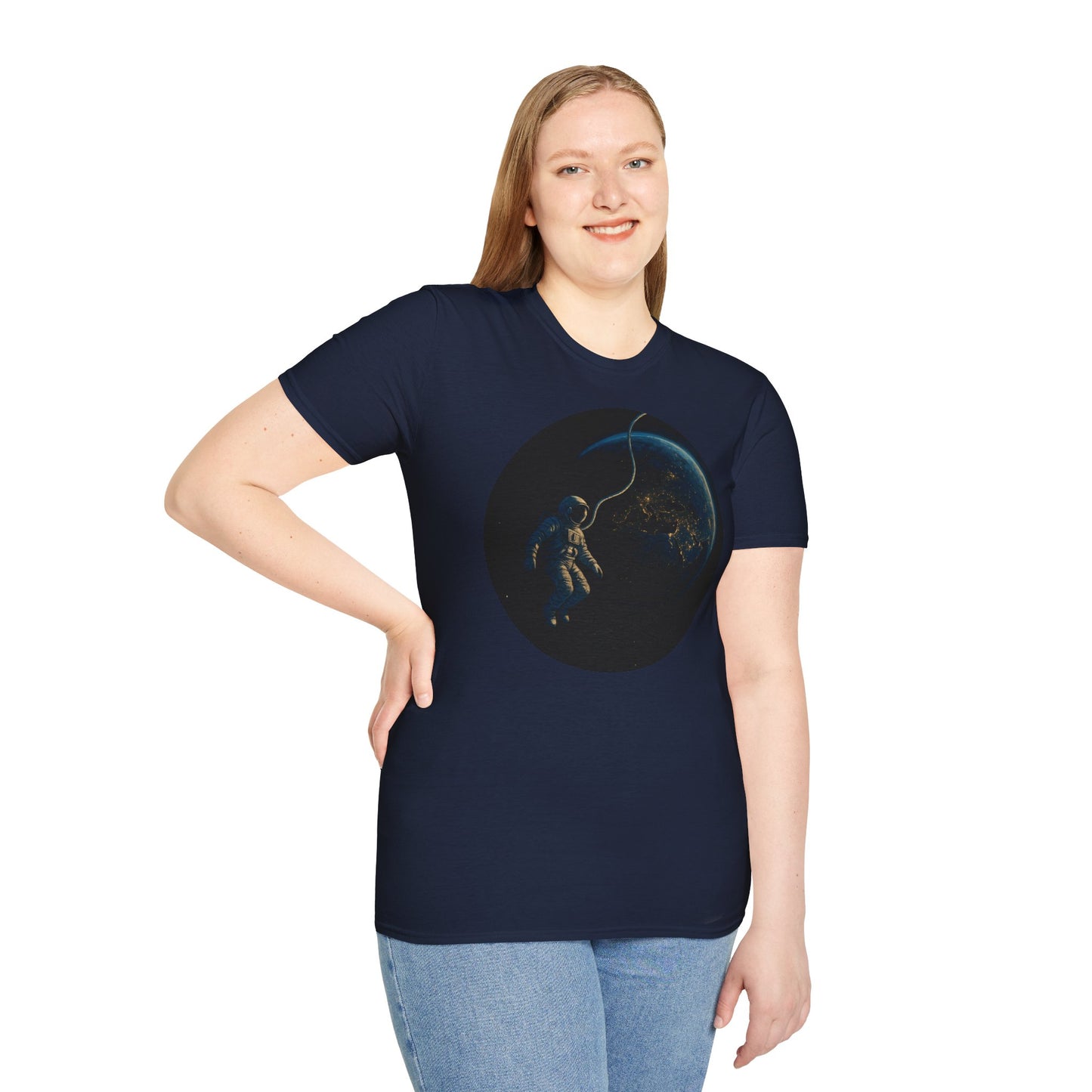 Astronaut Floating in Space Earth Lit Up at Night Softstyle T-Shirt