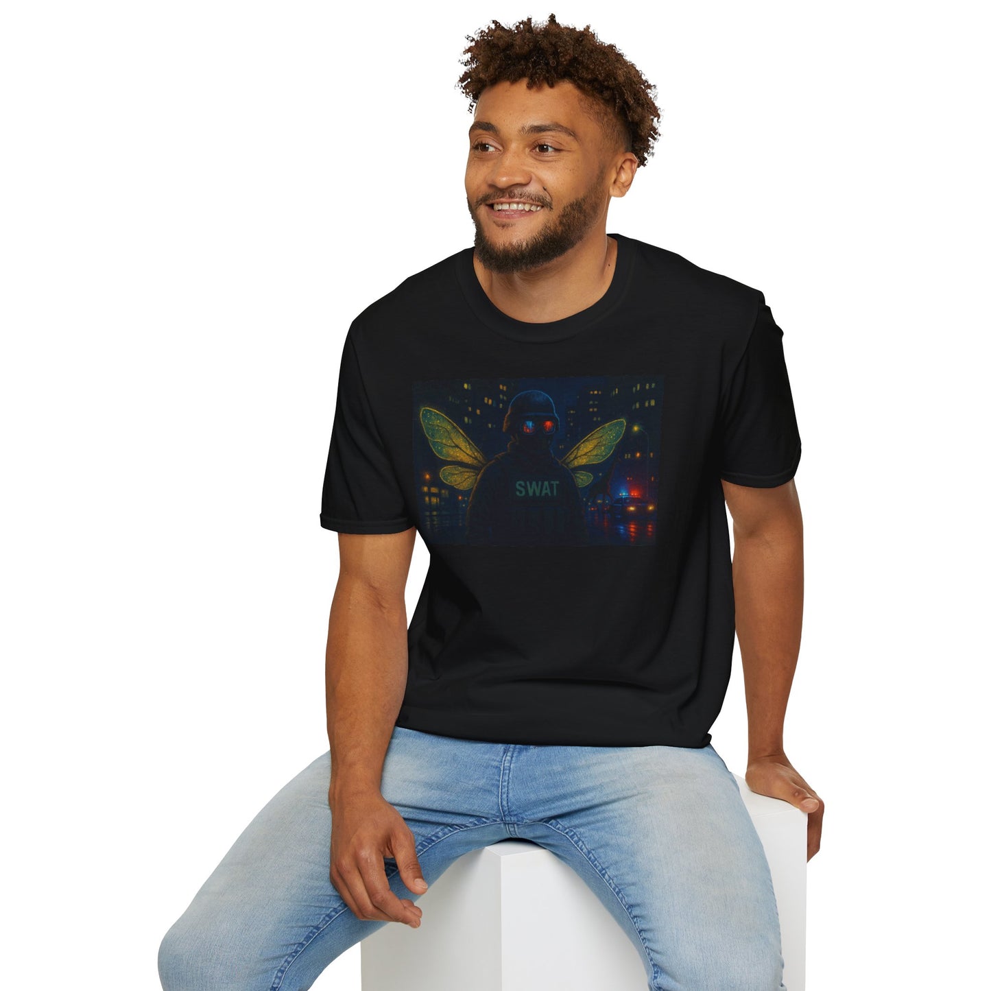 SWAT Team Looking for Escaped Giraffe in the City at Night T-Shirt