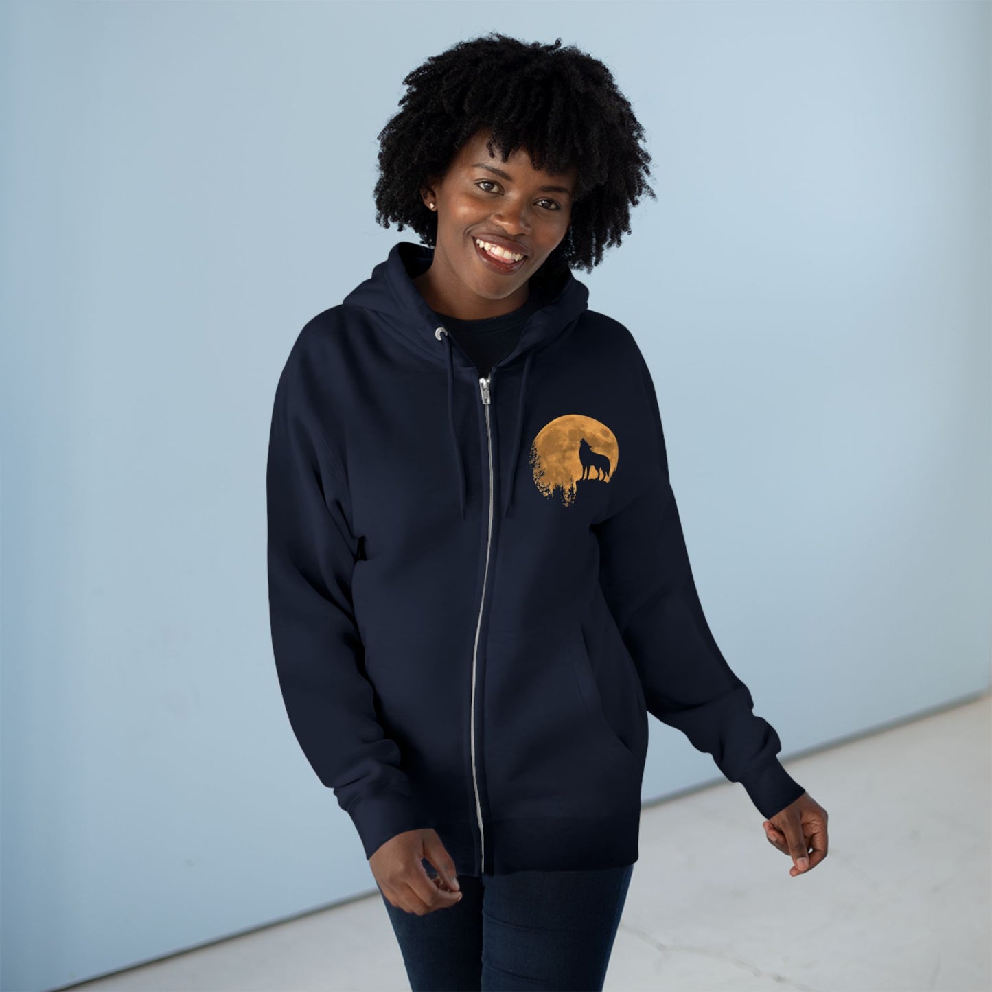 Silhouetted Wolf Howling at the Moon Zip Hoodie
