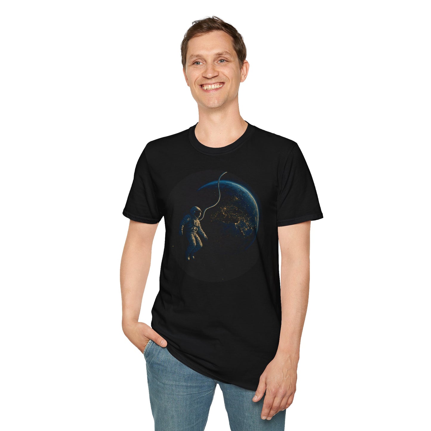 Astronaut Floating in Space Earth Lit Up at Night Softstyle T-Shirt