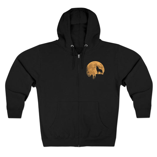 Silhouetted Wolf Howling at the Moon Zip Hoodie