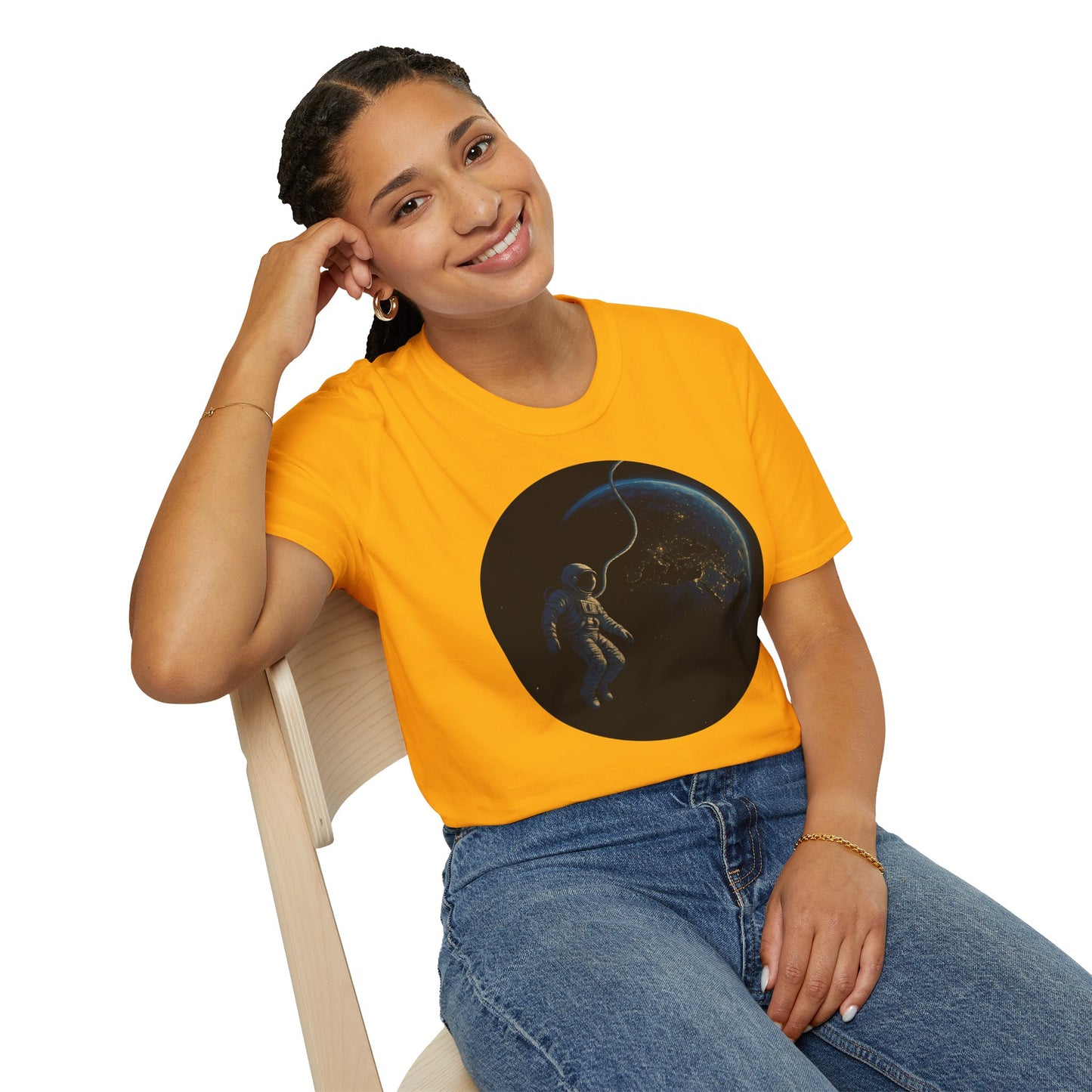 Astronaut Floating in Space Earth Lit Up at Night Softstyle T-Shirt