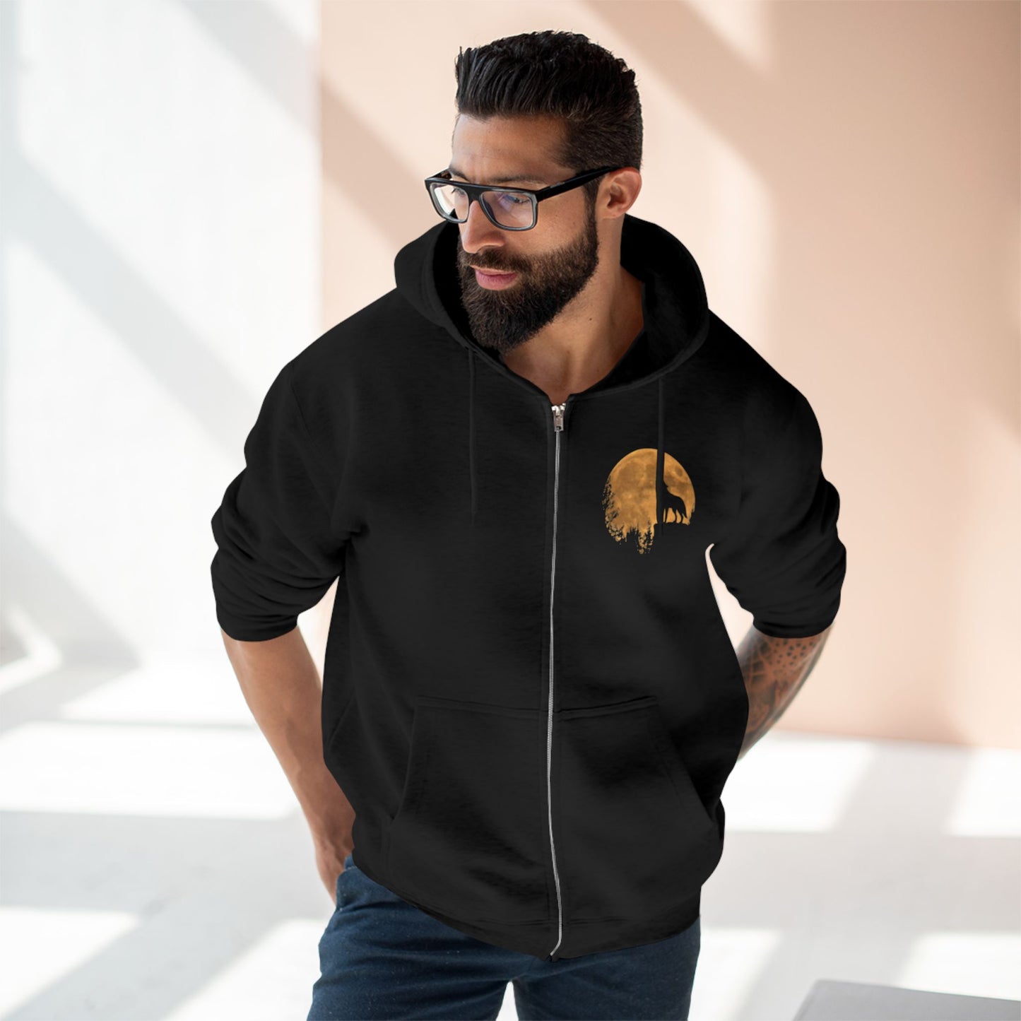Silhouetted Wolf Howling at the Moon Zip Hoodie