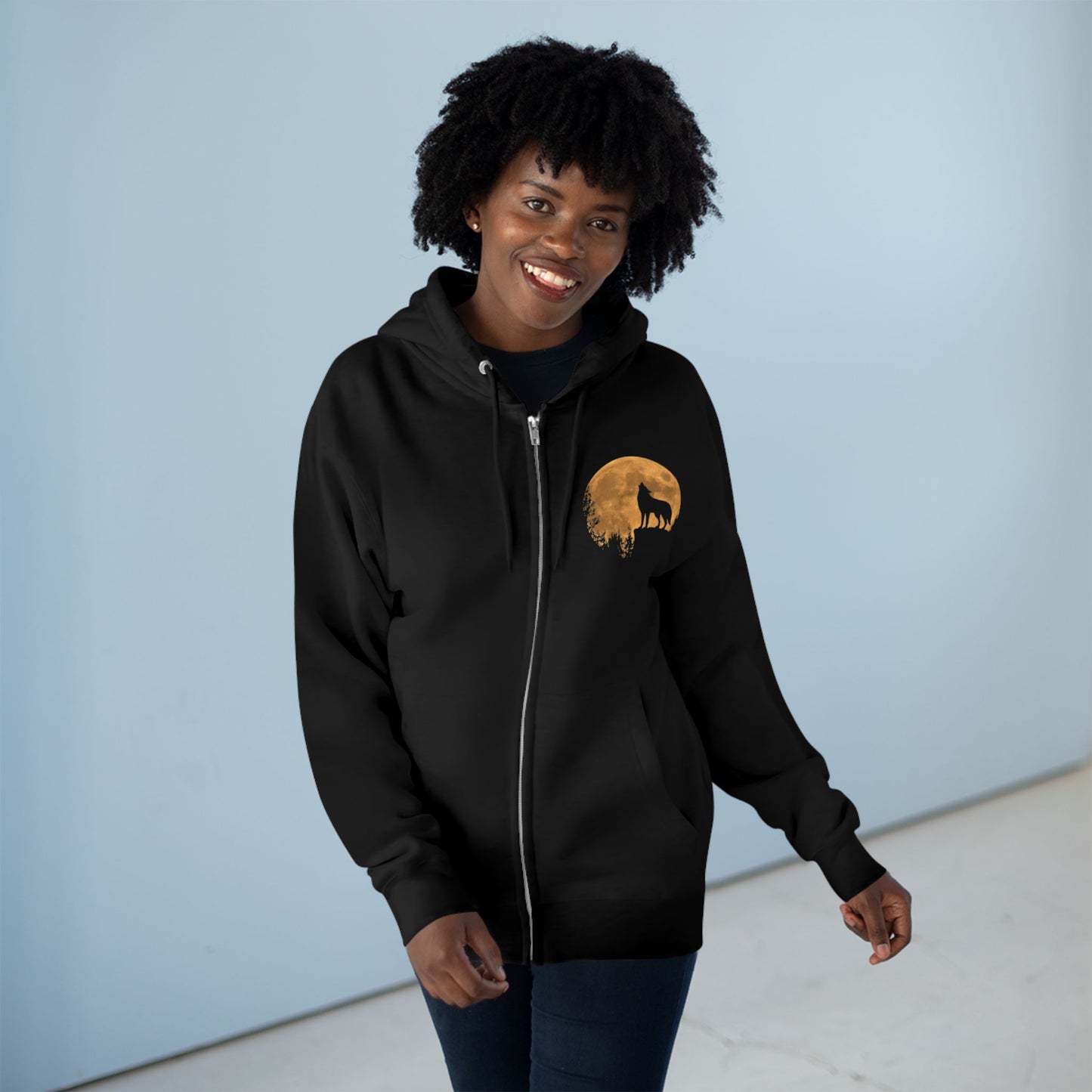 Silhouetted Wolf Howling at the Moon Zip Hoodie