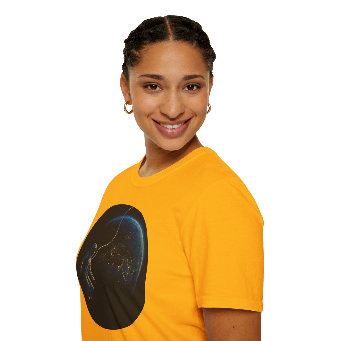 Astronaut Floating in Space Earth Lit Up at Night Softstyle T-Shirt