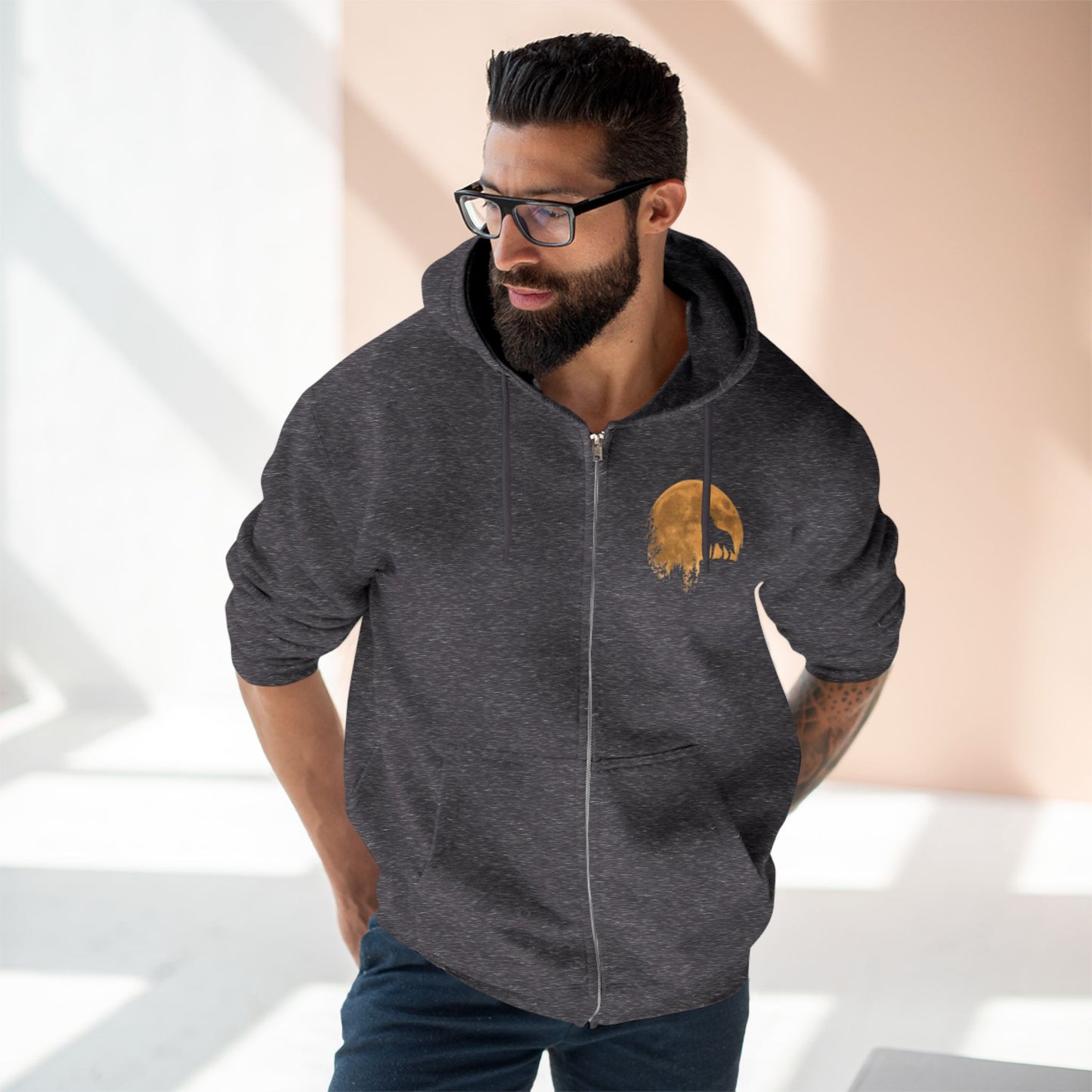 Silhouetted Wolf Howling at the Moon Zip Hoodie