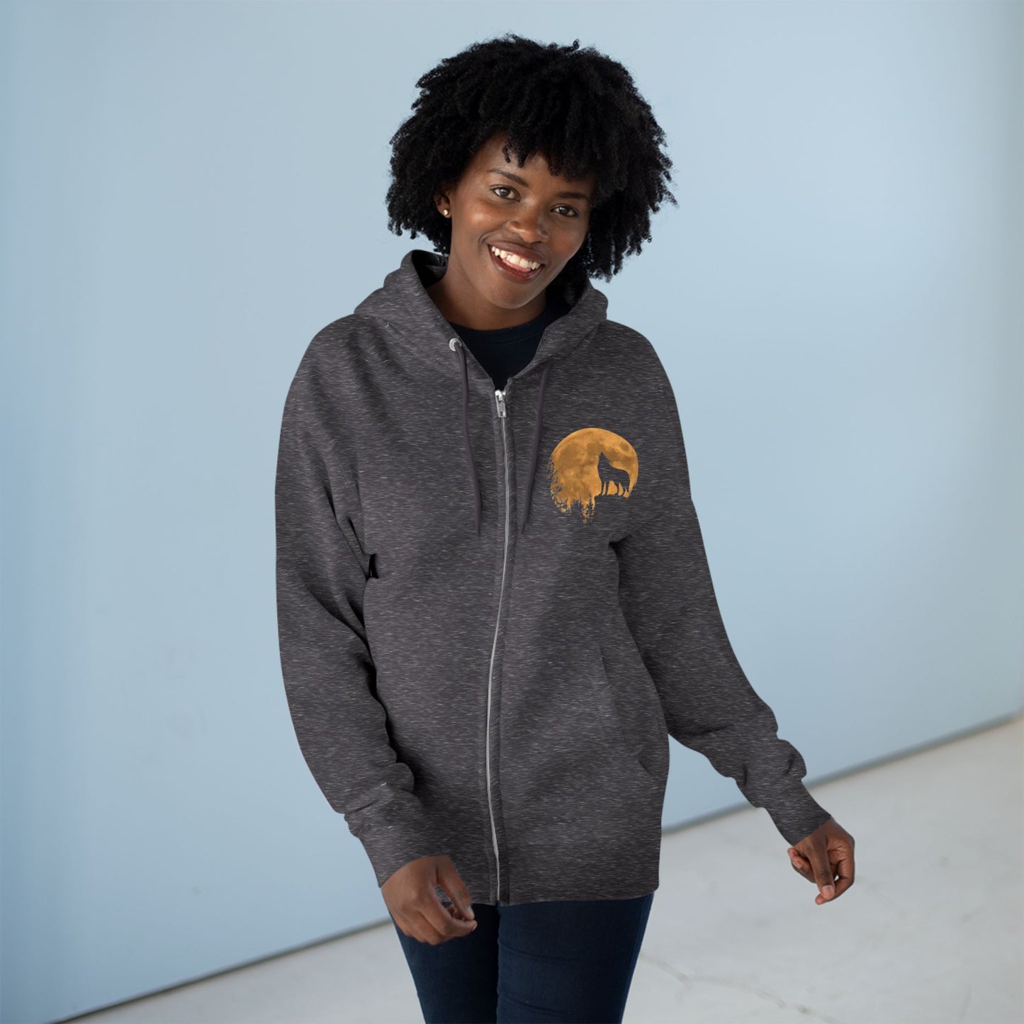 Silhouetted Wolf Howling at the Moon Zip Hoodie