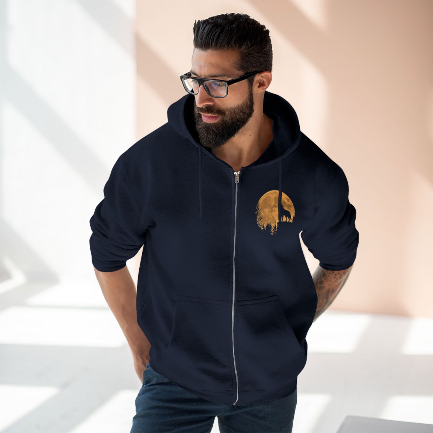 Silhouetted Wolf Howling at the Moon Zip Hoodie