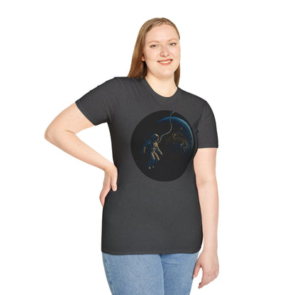 Astronaut Floating in Space Earth Lit Up at Night Softstyle T-Shirt