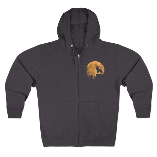 Silhouetted Wolf Howling at the Moon Zip Hoodie