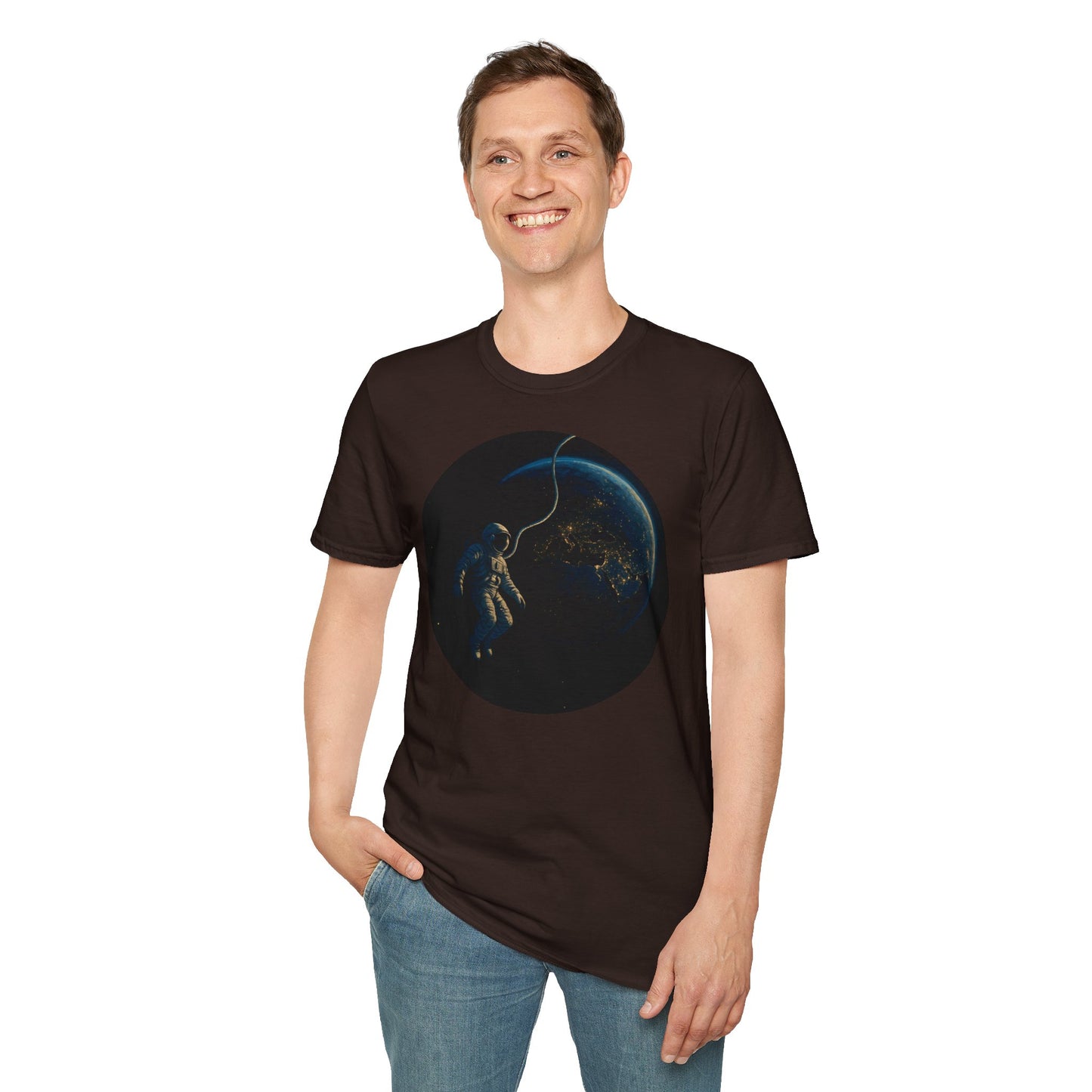 Astronaut Floating in Space Earth Lit Up at Night Softstyle T-Shirt