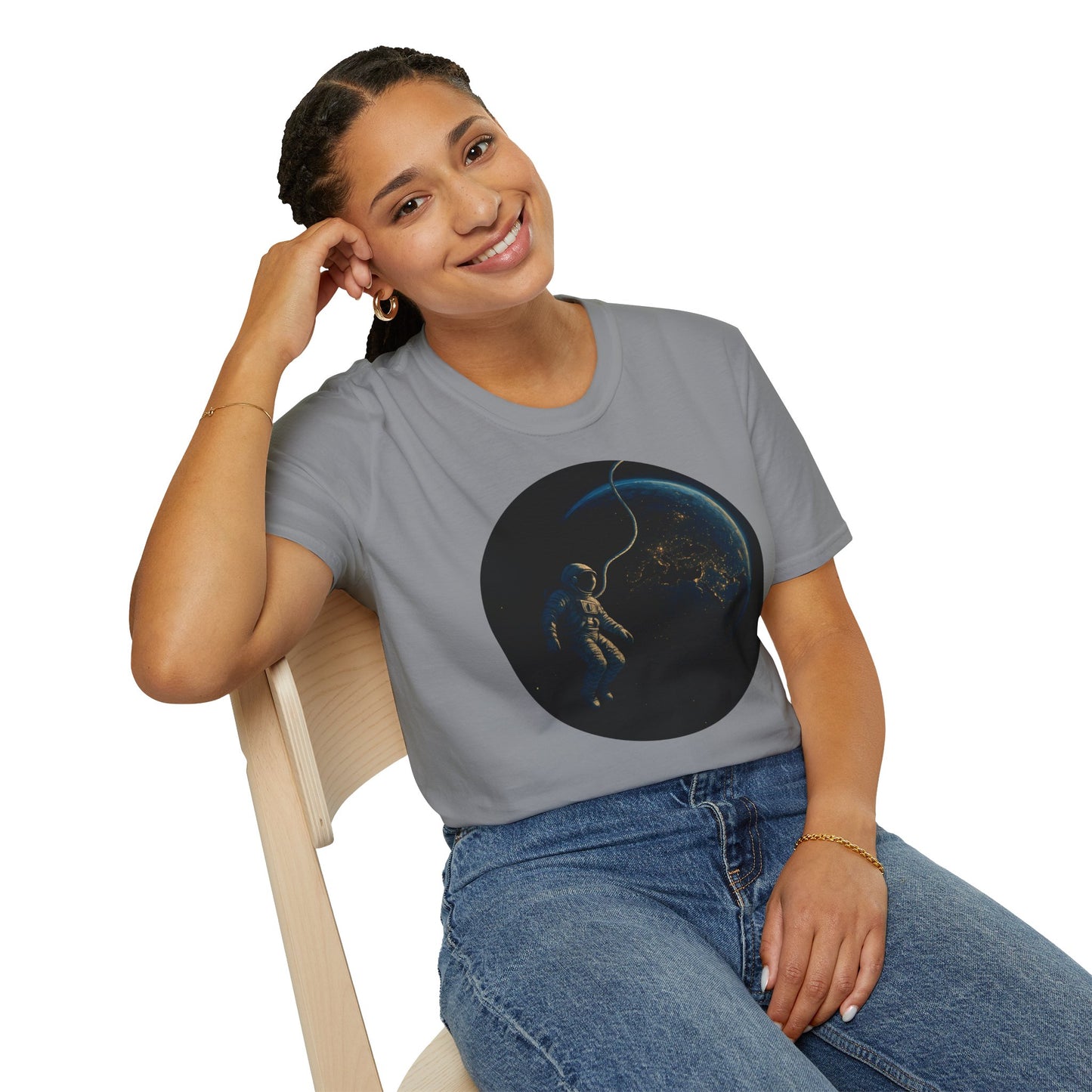 Astronaut Floating in Space Earth Lit Up at Night Softstyle T-Shirt
