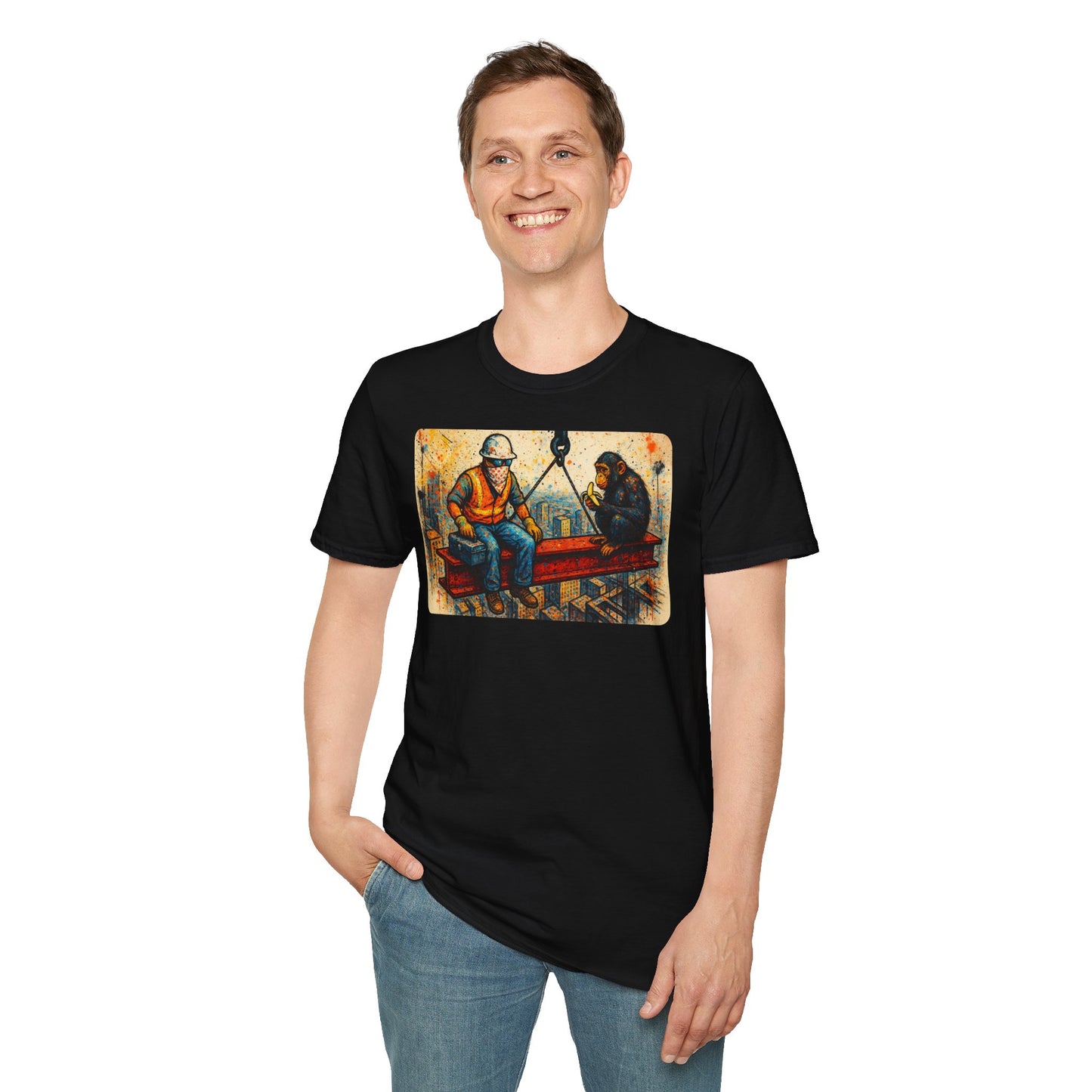 Construction Worker and Monkey Having Lunch Atop Skyscraper T-Shirt